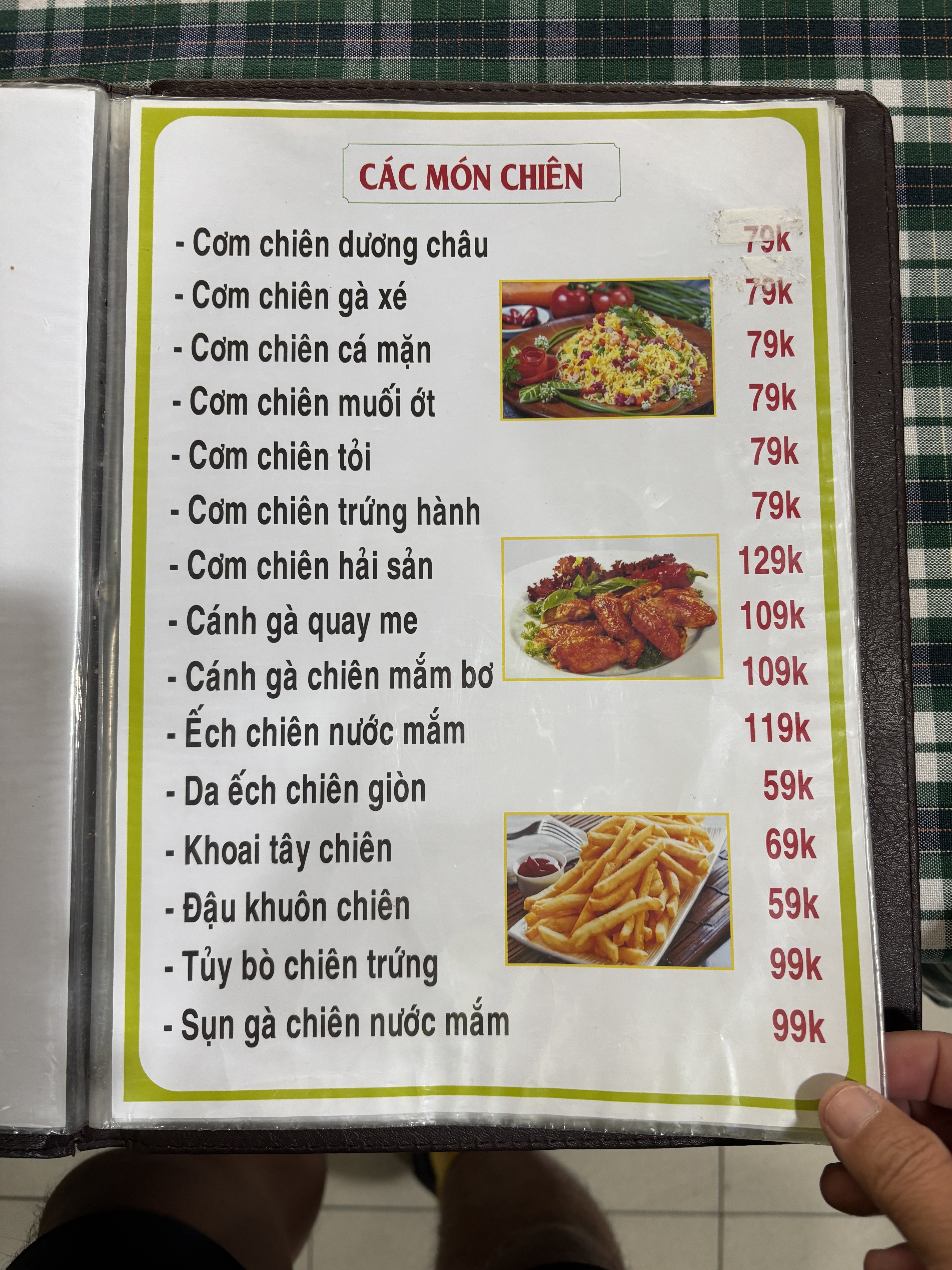 Trang thực đơn các món chiên tại Quán Nướng Ngói Cu Tây với giá tính bằng nghìn đồng